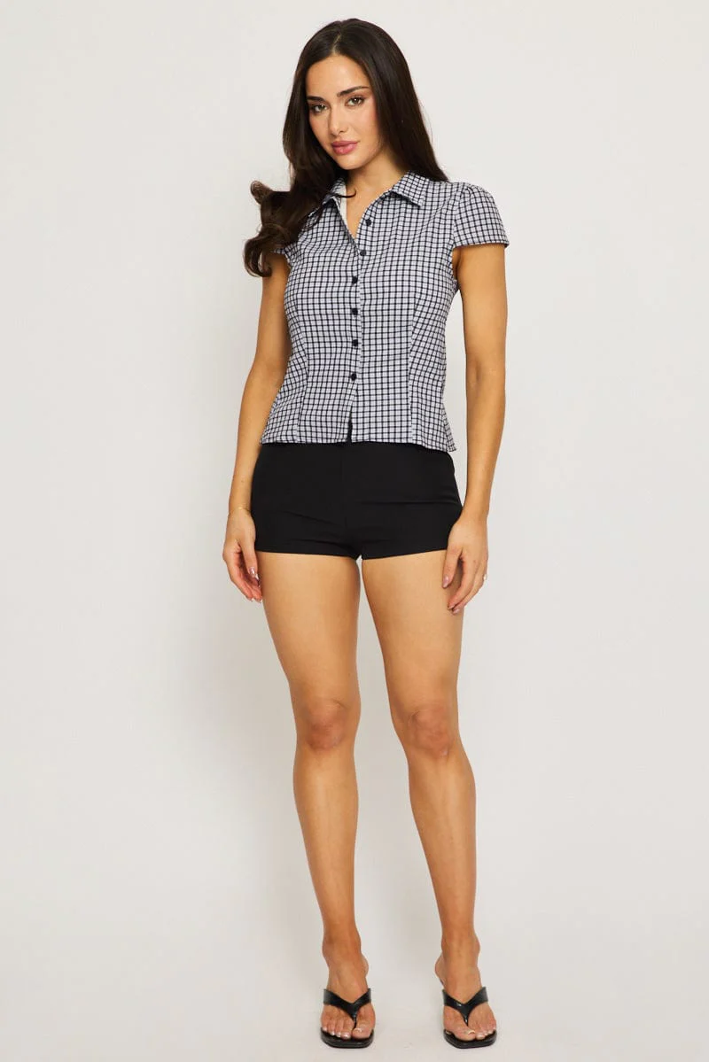 Black Check Short Sleeve Shirt Collared Button Up Lined - Image 2
