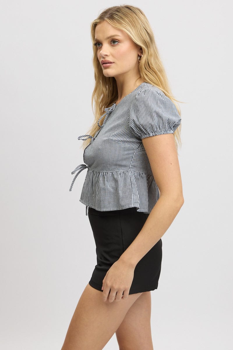 Black Check Tie Front Top Puff Sleeve - Image 4