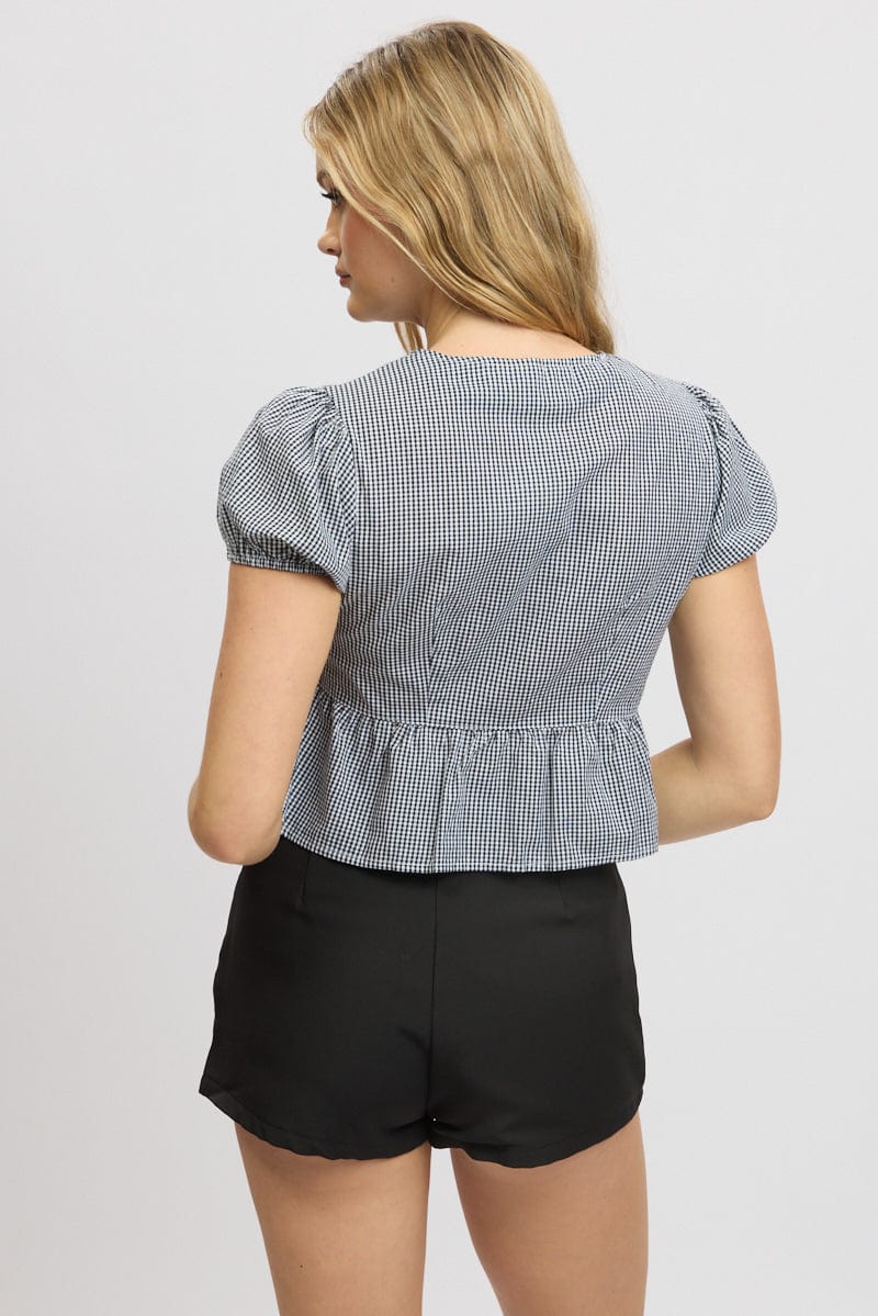 Black Check Tie Front Top Puff Sleeve - Image 5