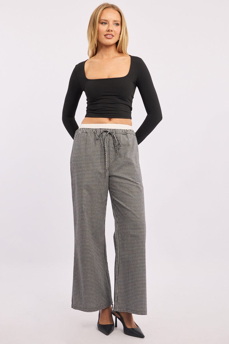 Black Check Wide Leg Pants Contrast Waist - Image 2