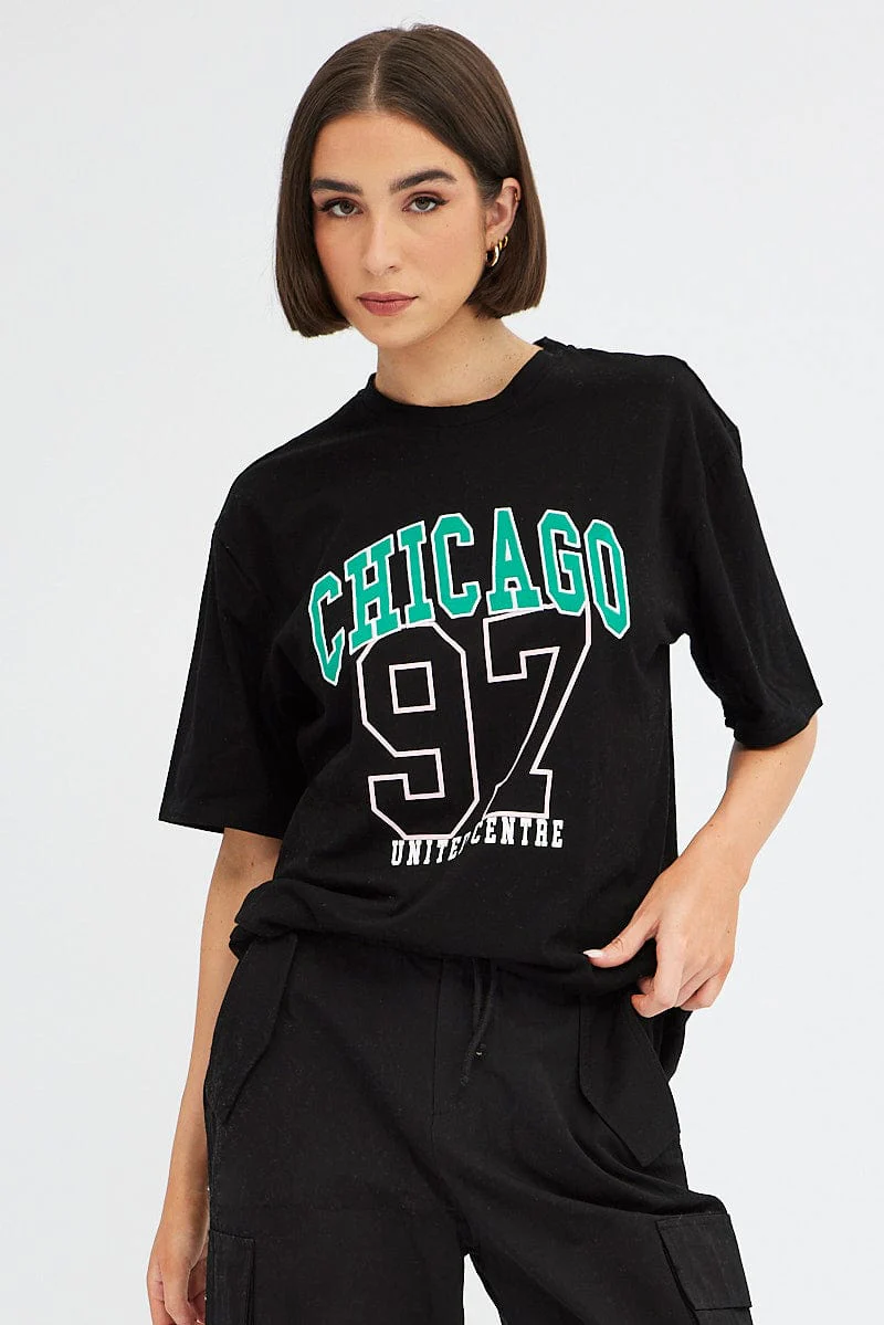 Black Chicago Tee Short Sleeve Round Neck Embroidered - Image 2