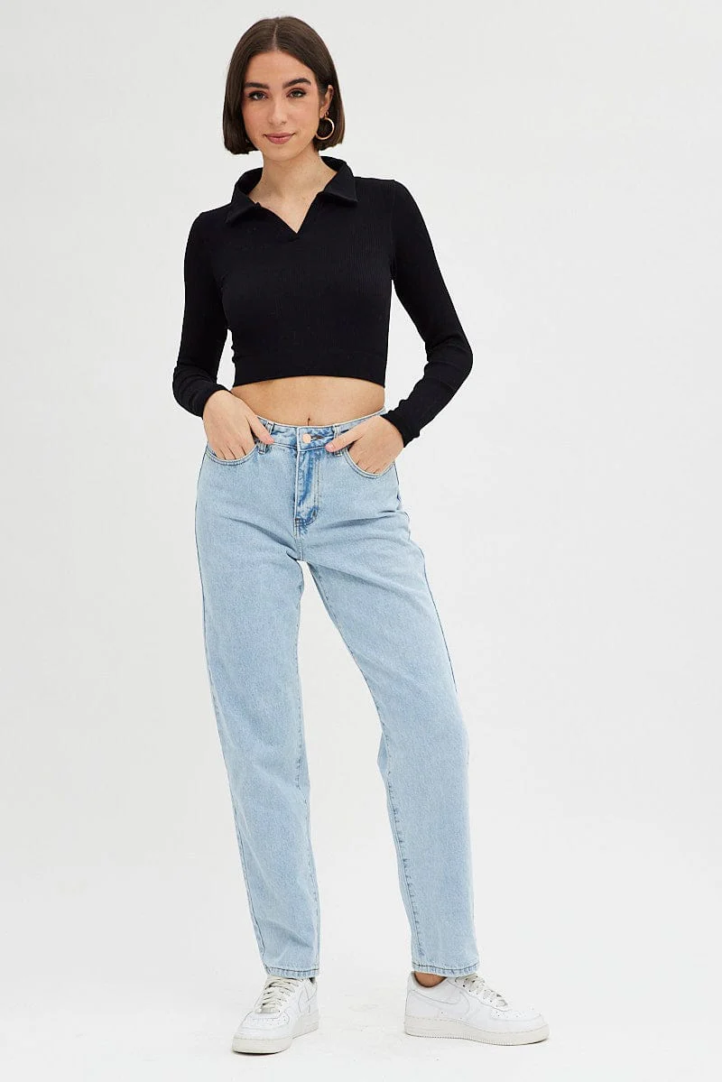 Black Collar Top Long sleeve Seamless - Image 2