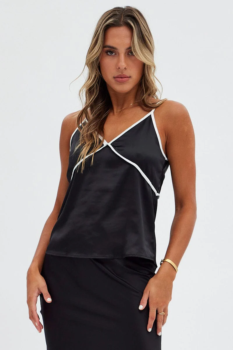 Black Contrast Cami Sleeveless V Neck Relaxed - Image 3