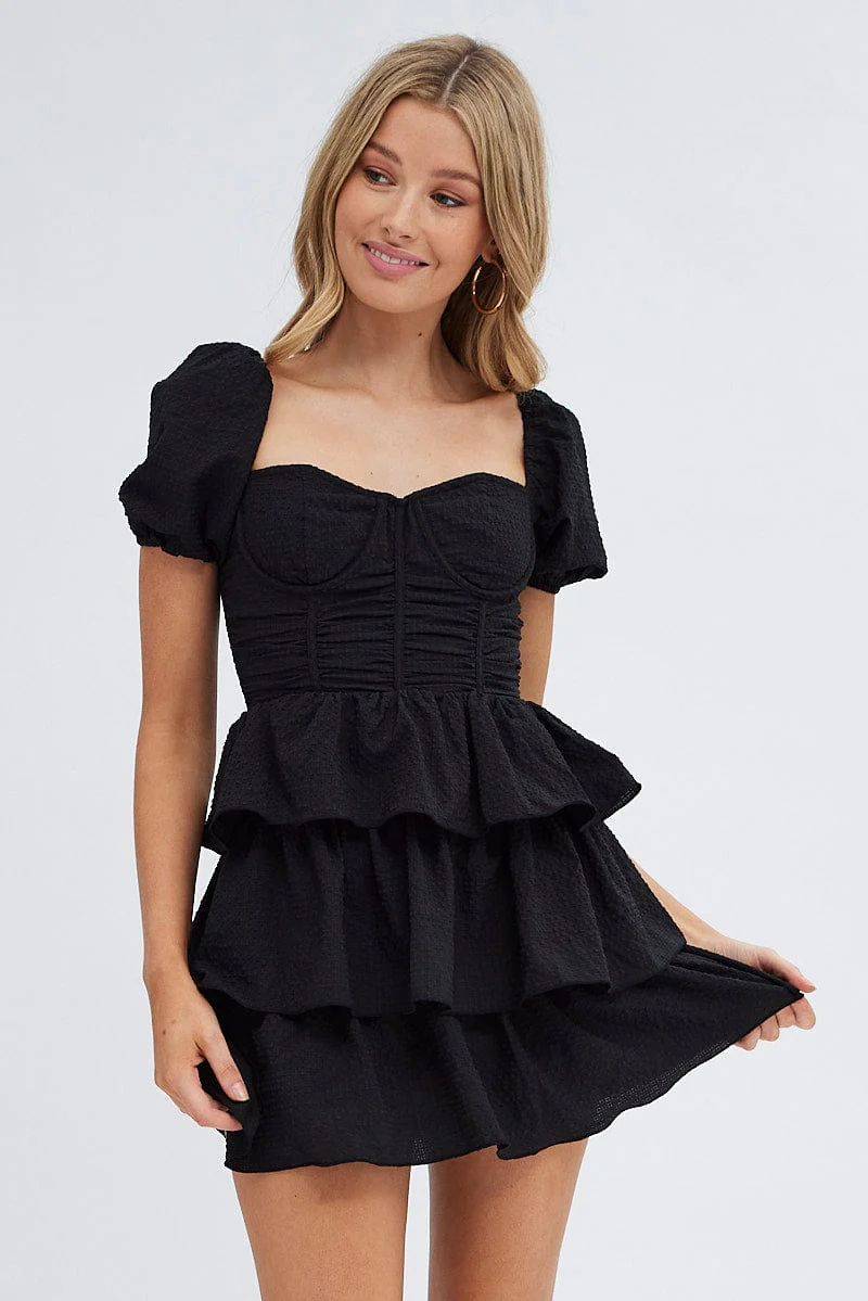 Black Corset Dress Puff Sleeve Tiered Bustier Dress - Image 3