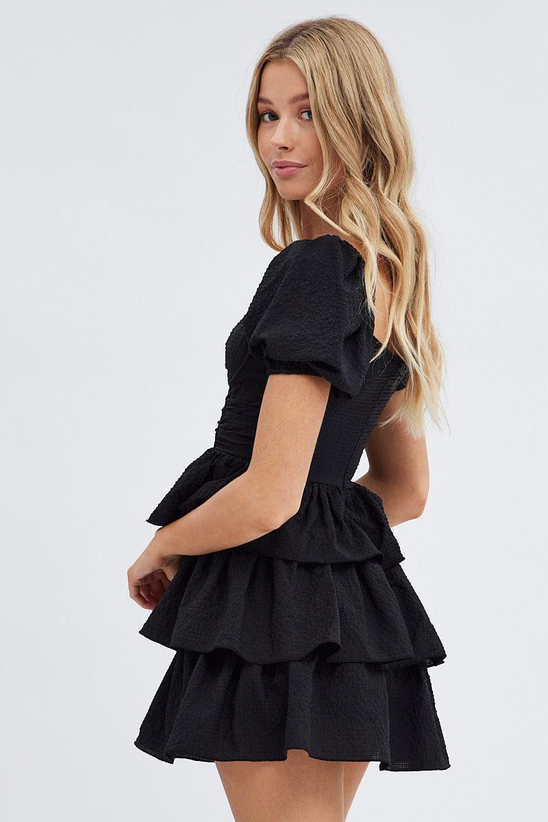 Black Corset Dress Puff Sleeve Tiered Bustier Dress - Image 4