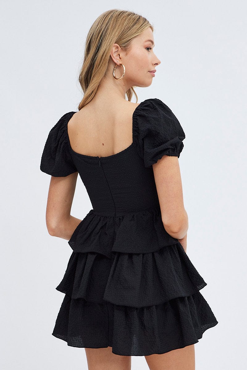 Black Corset Dress Puff Sleeve Tiered Bustier Dress - Image 5