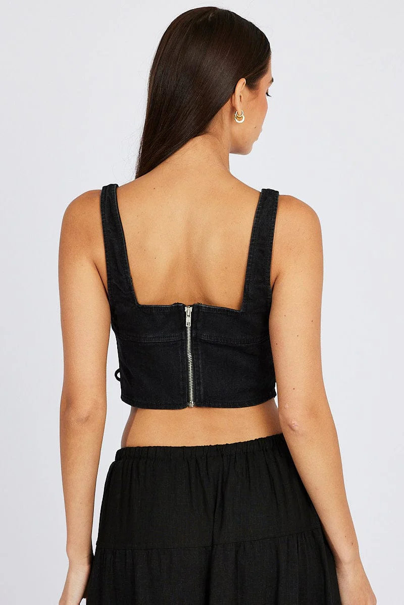 Black Corset Sleeveless Scoop Neck Lace Up Stretch - Image 5