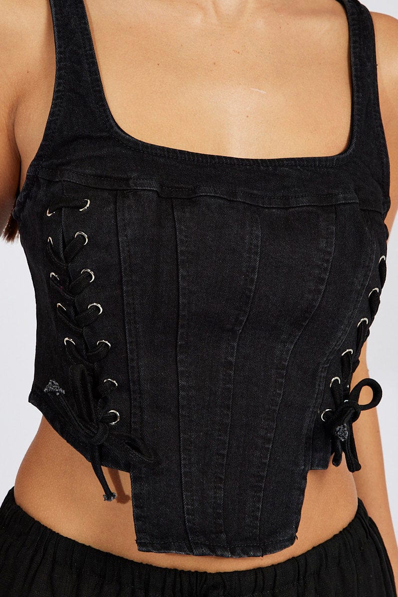 Black Corset Sleeveless Scoop Neck Lace Up Stretch - Image 6