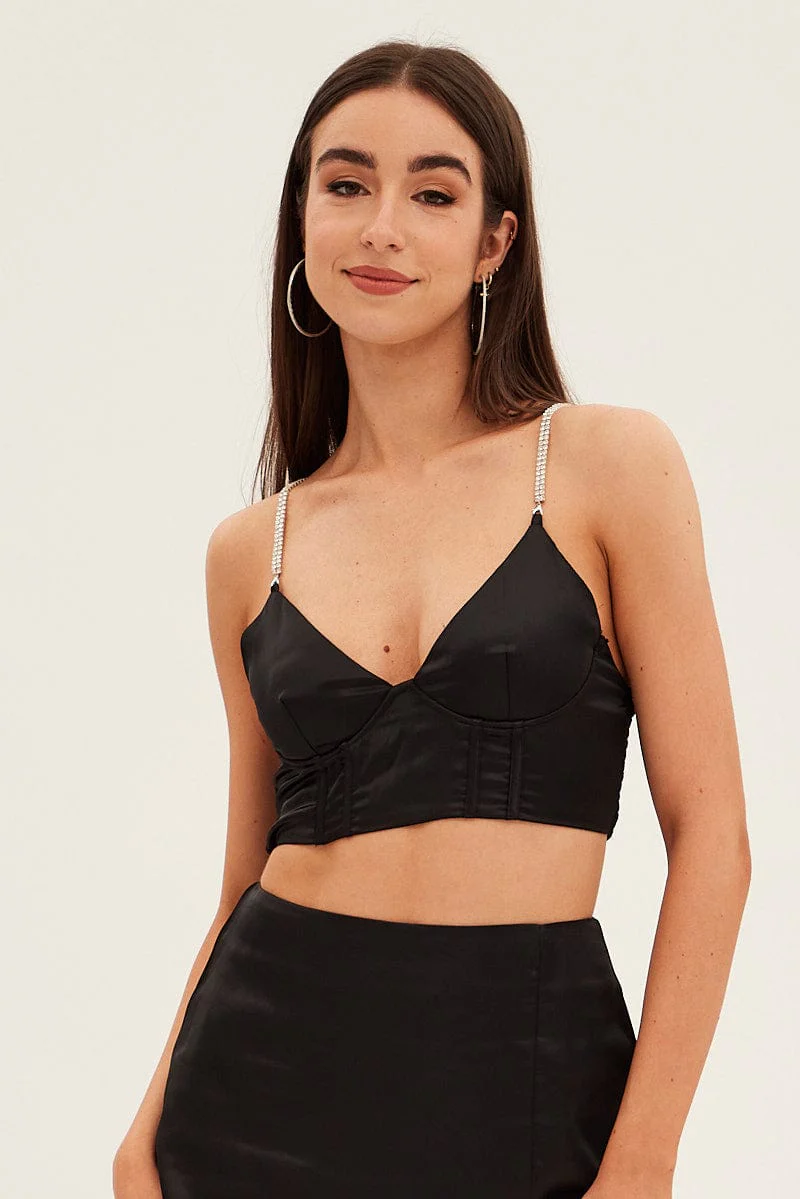 Black Corset Top Sleeveless Crop Diamantes Party Satin - Image 3