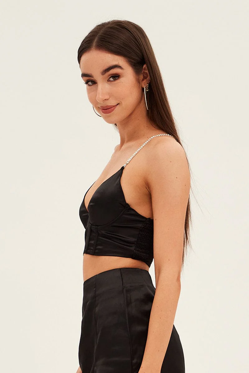 Black Corset Top Sleeveless Crop Diamantes Party Satin - Image 4