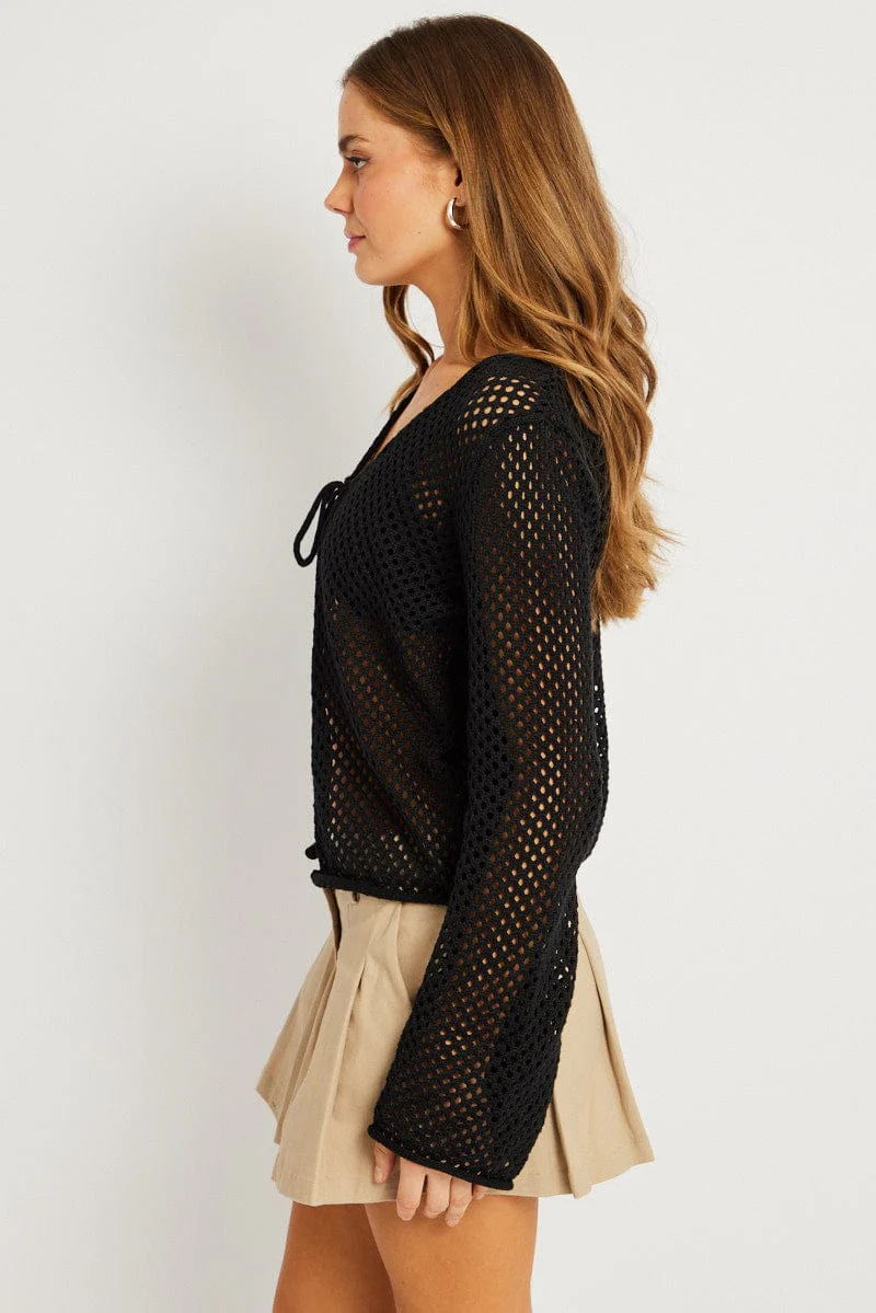 Black Crochet Cardigan Long Sleeve V Neck Tie Up - Image 4