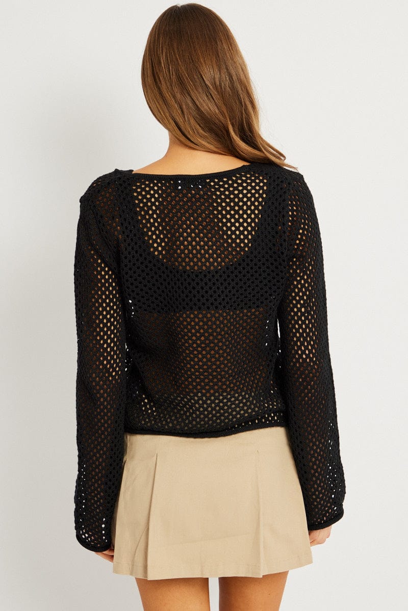 Black Crochet Cardigan Long Sleeve V Neck Tie Up - Image 5