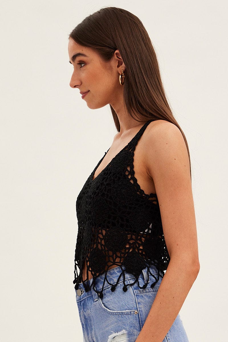 Black Crochet Knit Sleeveless V-Neck - Image 4