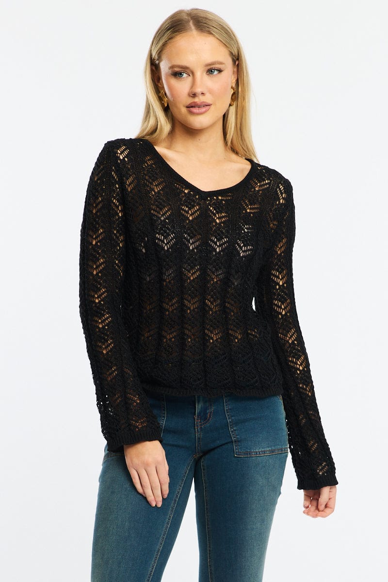 Black Crochet Knit Top Long Sleeve