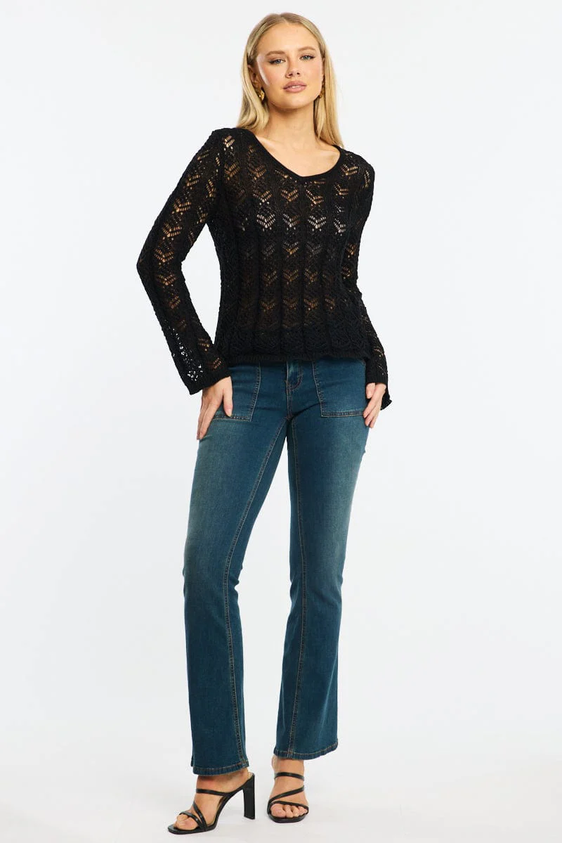 Black Crochet Knit Top Long Sleeve - Image 2