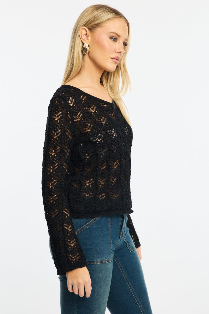 Black Crochet Knit Top Long Sleeve - Image 3