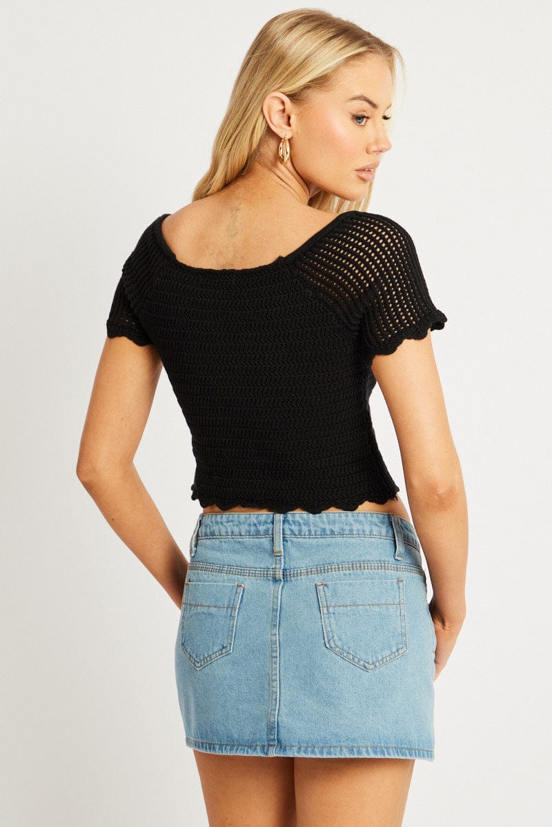 Black Crochet Knit Top Short Sleeve Button Down - Image 5