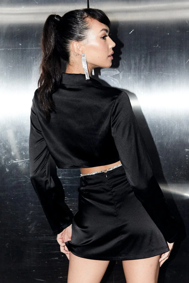 Black Crop Blazer Wrap Diamante Jewel Tie Satin - Image 5