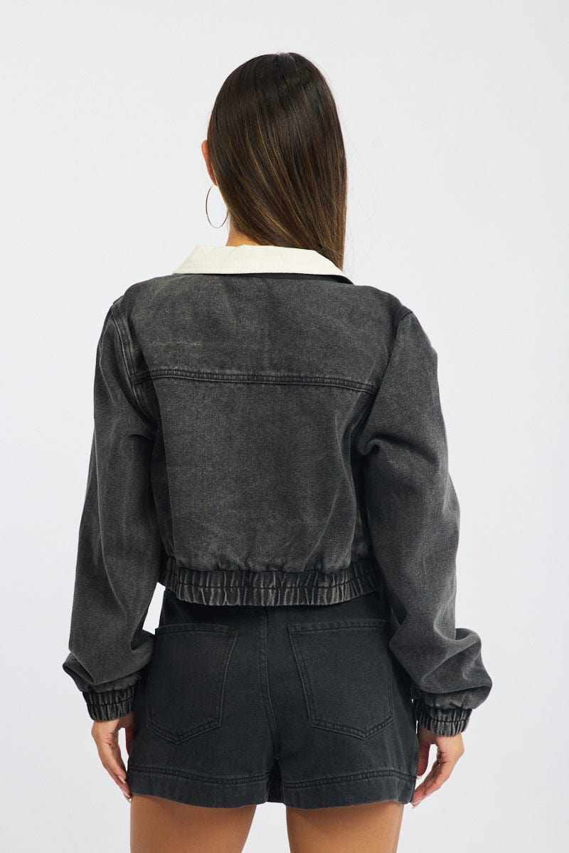 Black Crop Jacket With Contrast Collar - Image 6