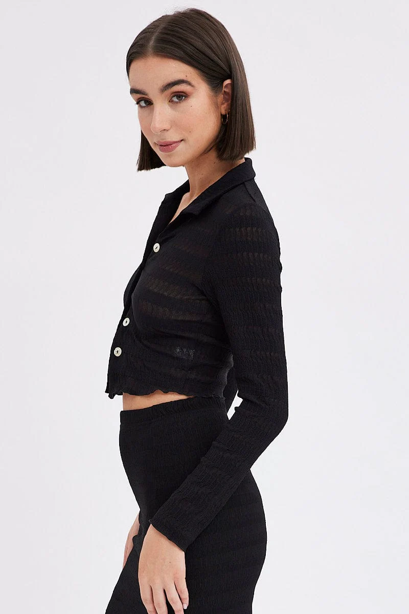 Black Crop Shirt Long Sleeve Collar Textured - Image 4