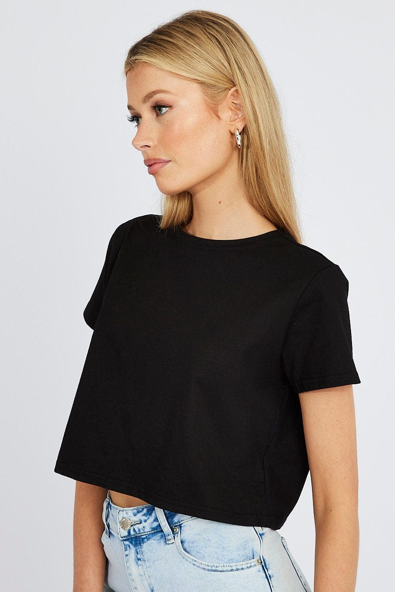 Black Crop T Shirt Short Sleeve Crew Neck - Image 4