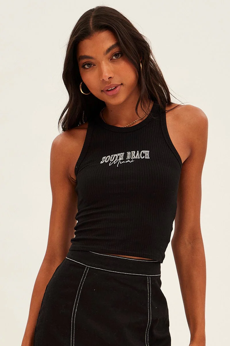 Black Crop Tank Embroidered Sleeveless - Image 3