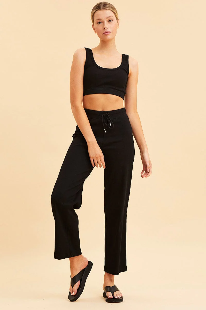 Black Crop Top Cotton Blend Rib Tank Elasticated Hem - Image 2