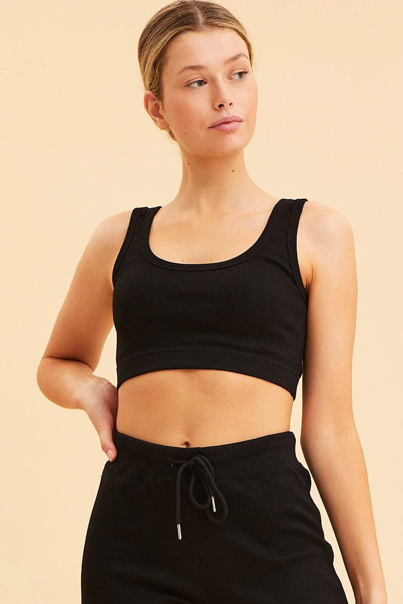 Black Crop Top Cotton Blend Rib Tank Elasticated Hem - Image 4