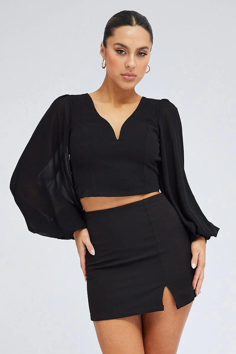Black Crop Top Long Balloon Sleeve Backless Plunge Top