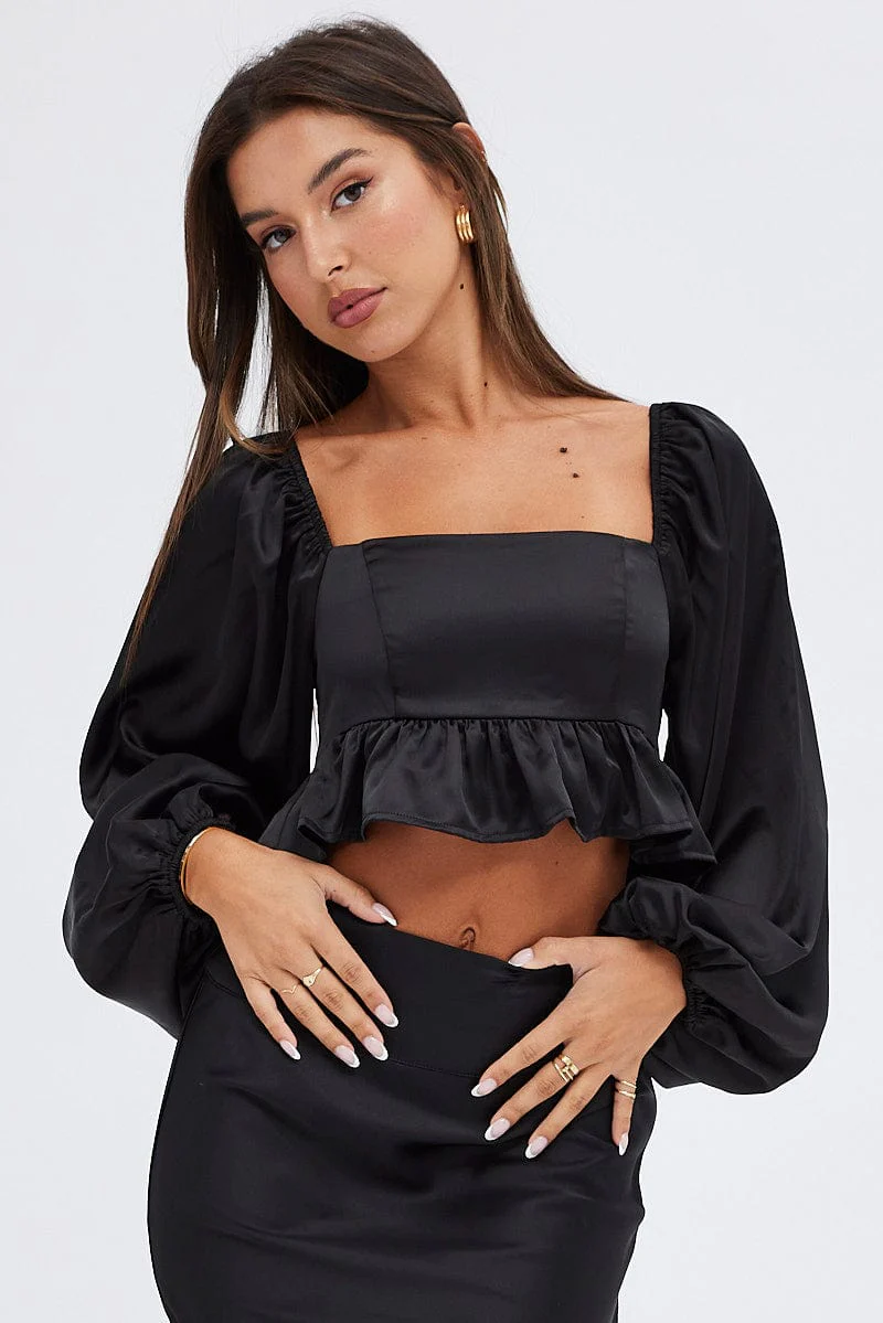 Black Crop Top Long Sleeve Square Neck Frill Hem Satin - Image 3