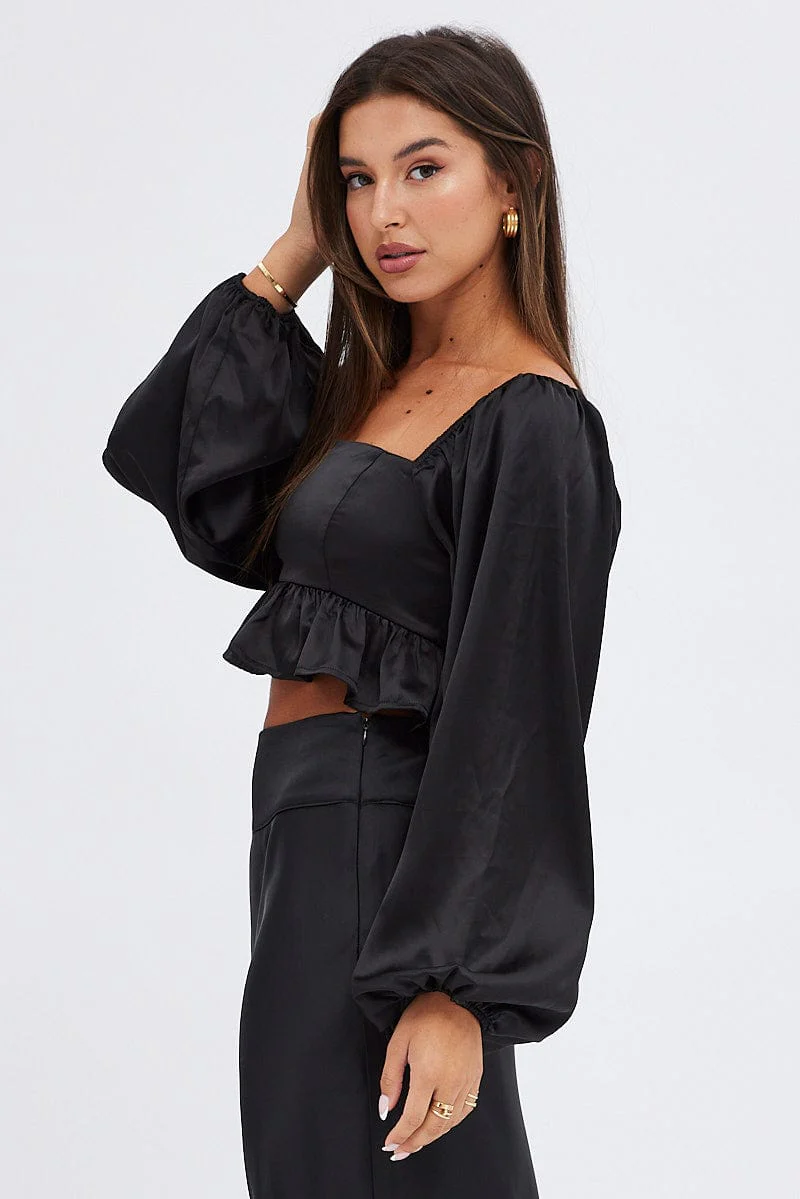 Black Crop Top Long Sleeve Square Neck Frill Hem Satin - Image 4