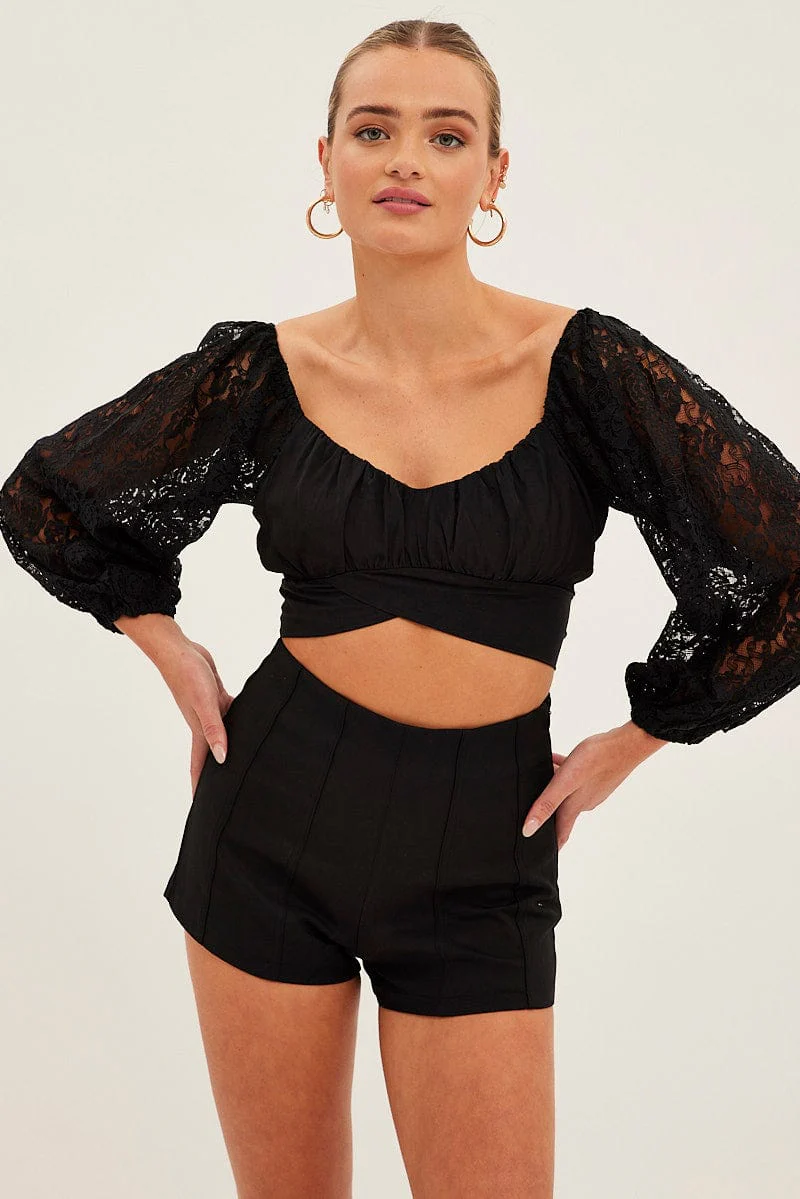 Black Crop Top Long Sleeve Sweetheart Neckline Lace - Image 3
