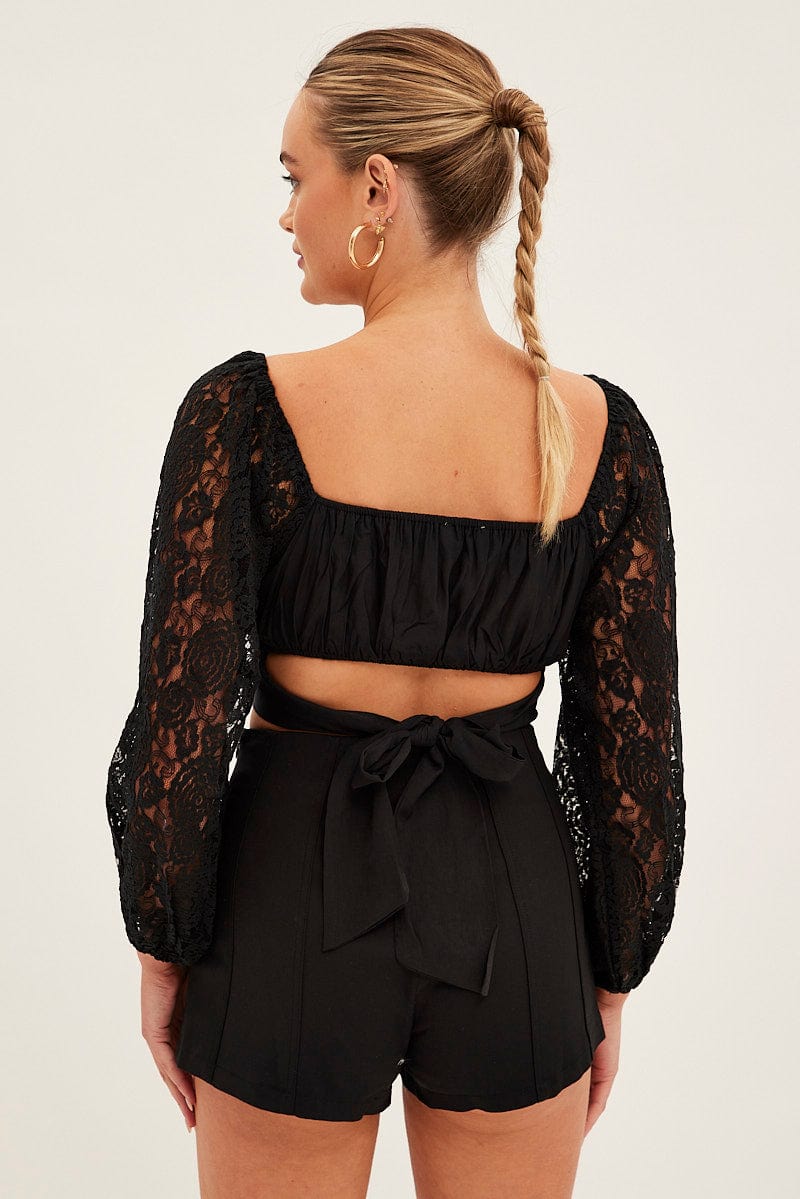 Black Crop Top Long Sleeve Sweetheart Neckline Lace - Image 5