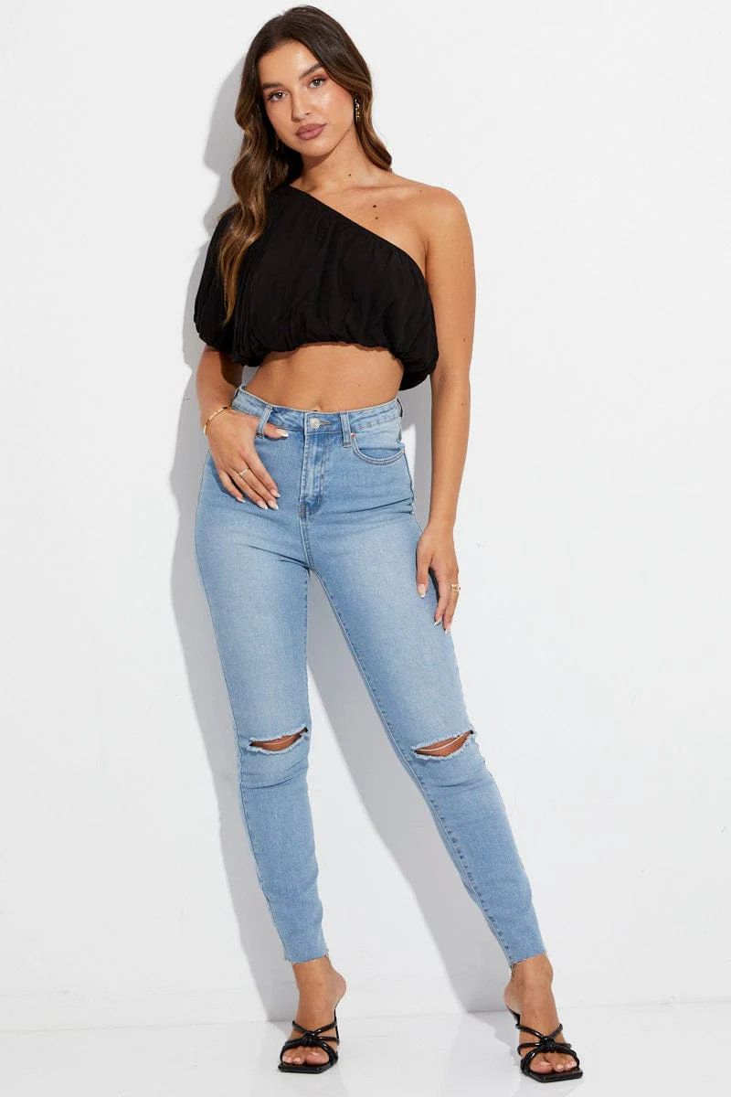 Black Crop Top One Shoulder Short Sleeve - Image 2