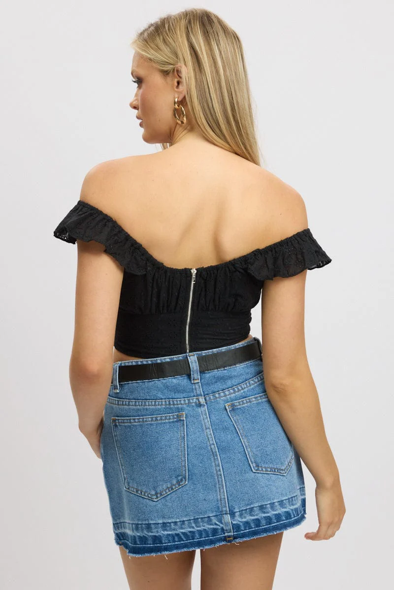Black Crop Top Ruffle Off Shoulder Linen Blend - Image 5