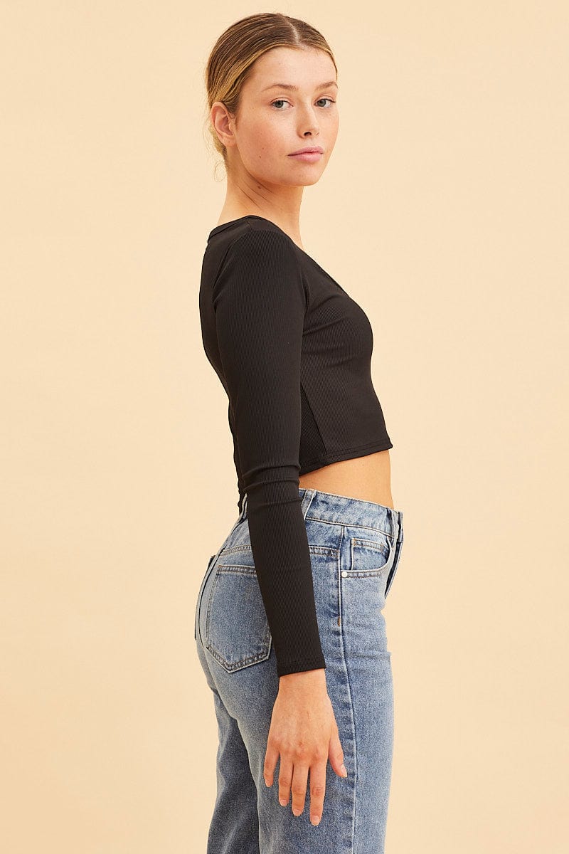 Black Crop Top Scoop Neck Long Sleeve Rib - Image 4