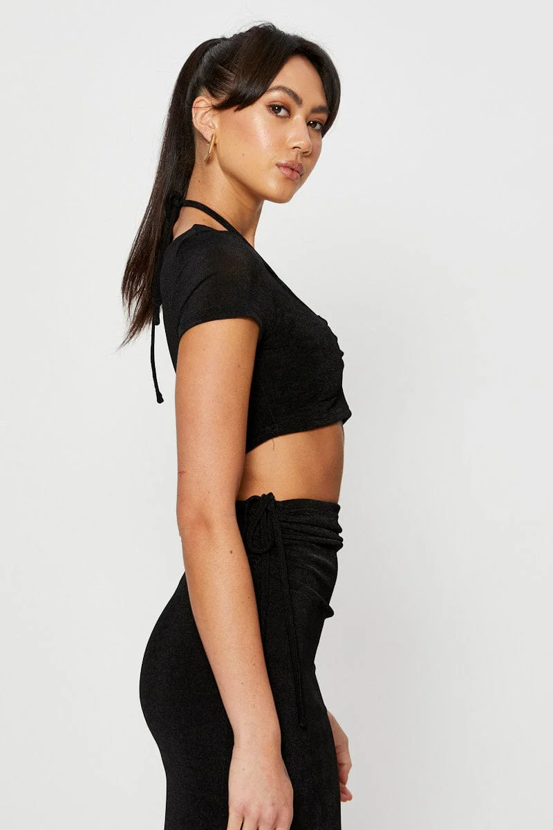 Black Crop Top Short Sleeve Halter - Image 4