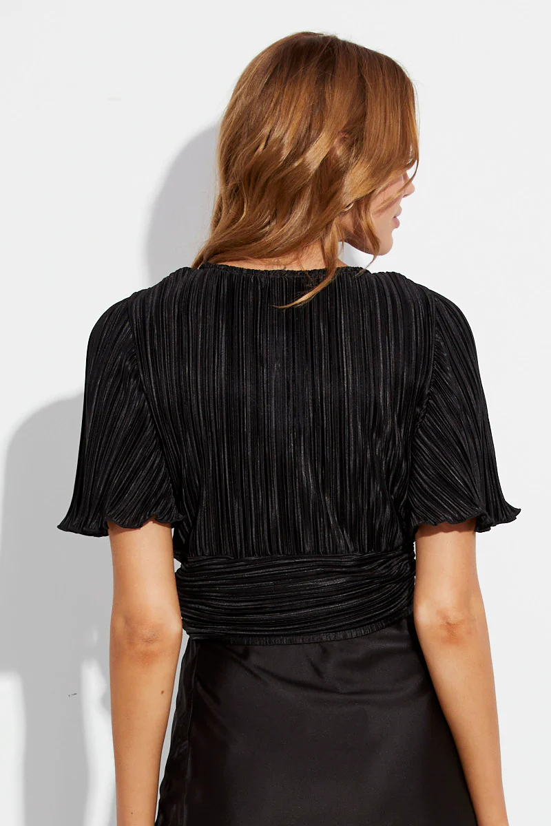 Black Crop Top Short Sleeve Plisse Ruched Front - Image 5