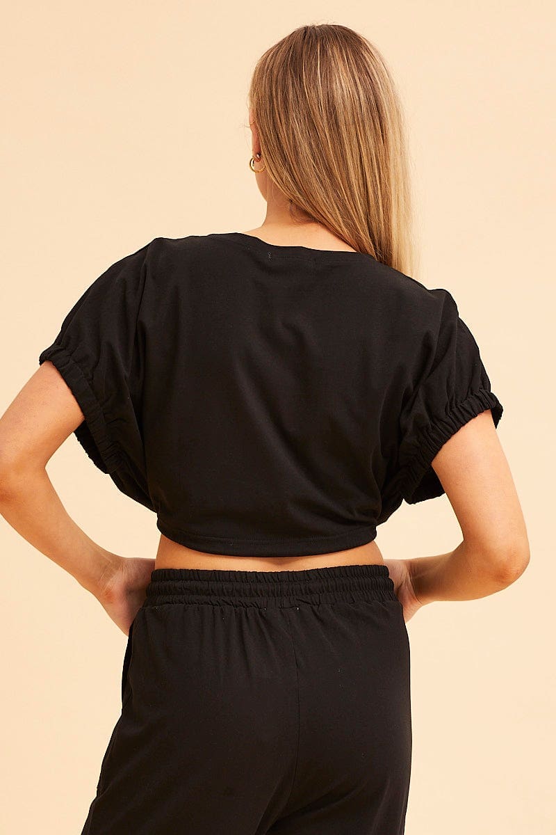 Black Crop Top Short Sleeve Relaxed Fit Elastic Detail - Image 5