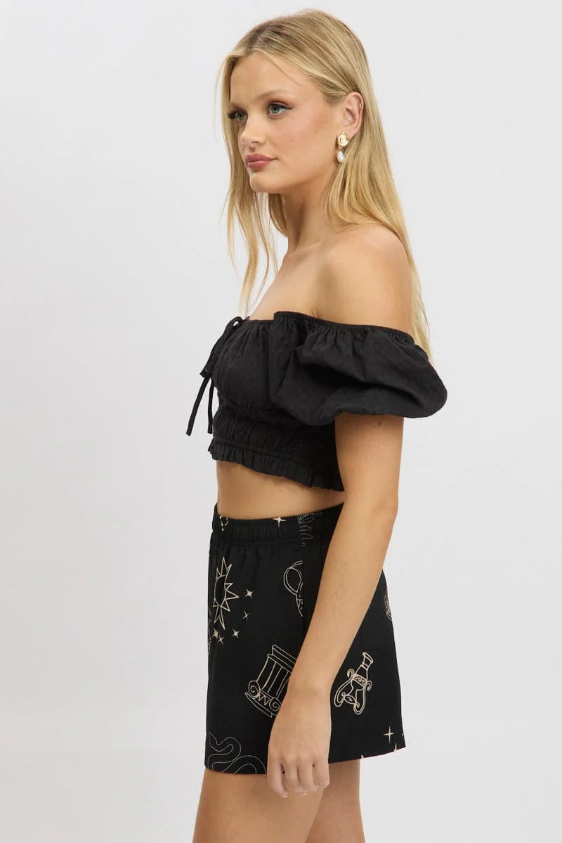 Black Crop Top Short Sleeve Shirred Waist - Image 4