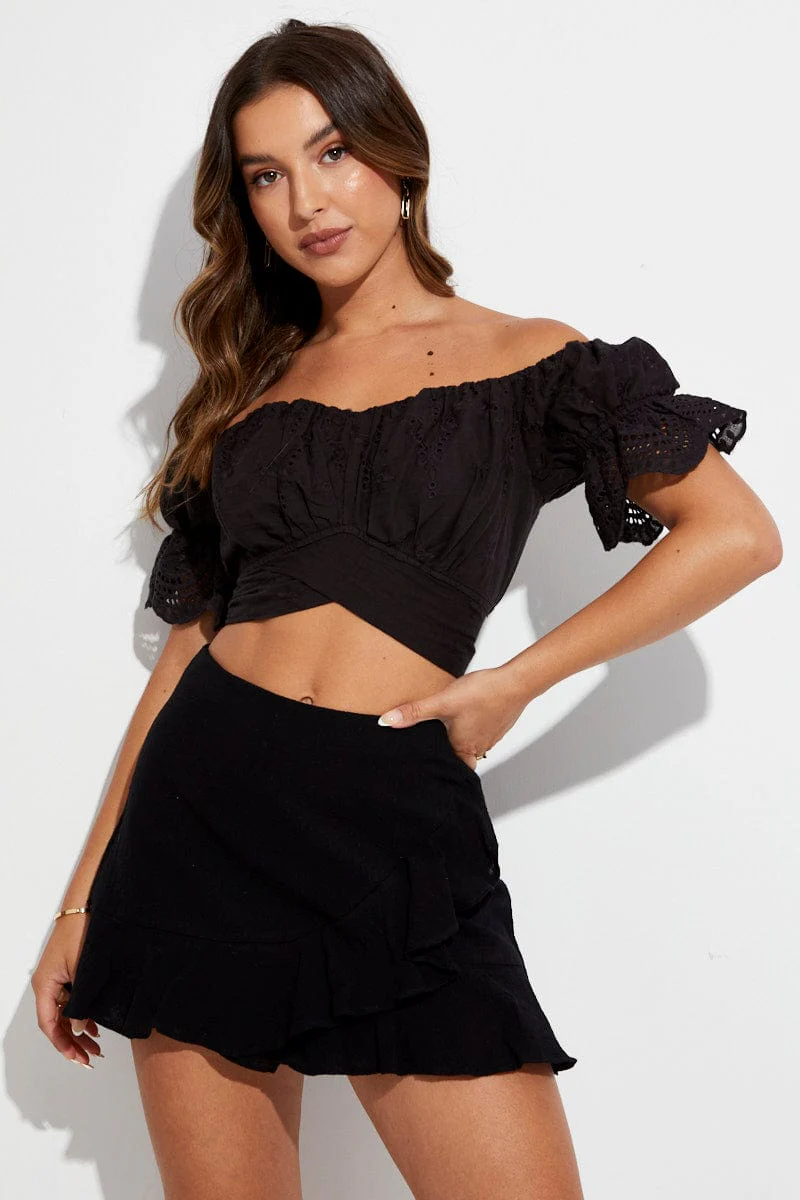 Black Crop Top Short Sleeve Tie Back Eyelet - Image 3
