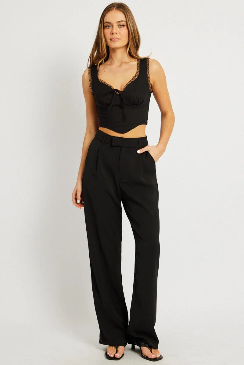 Black Crop Top Sleeveless Corset Lace Trim - Image 2