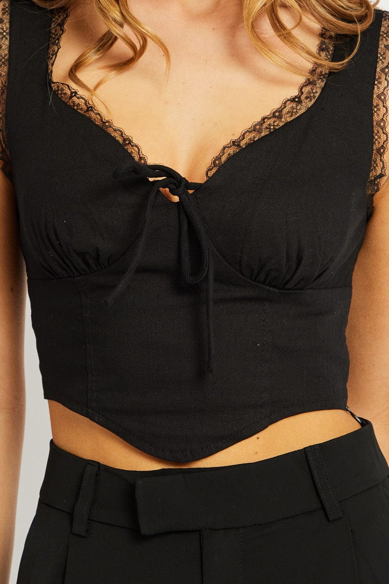 Black Crop Top Sleeveless Corset Lace Trim - Image 6
