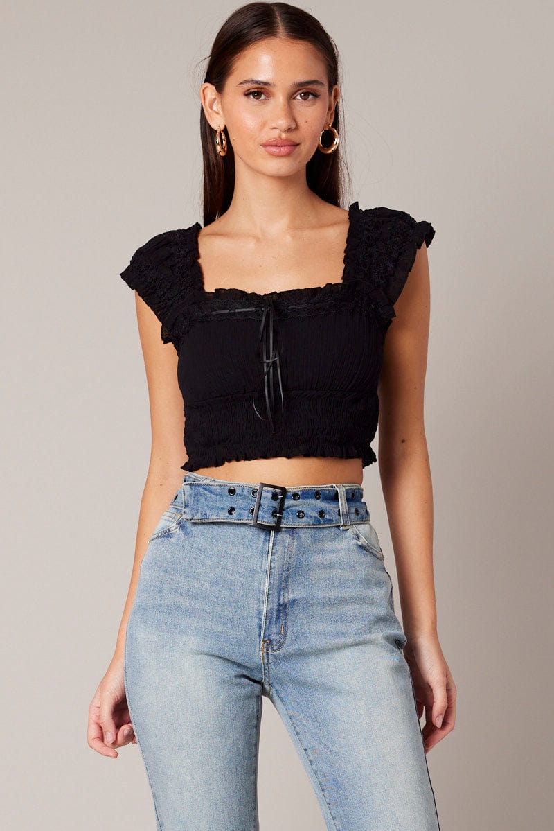 Black Crop Top Sleeveless Shirred Waist Satin Bow - Image 3