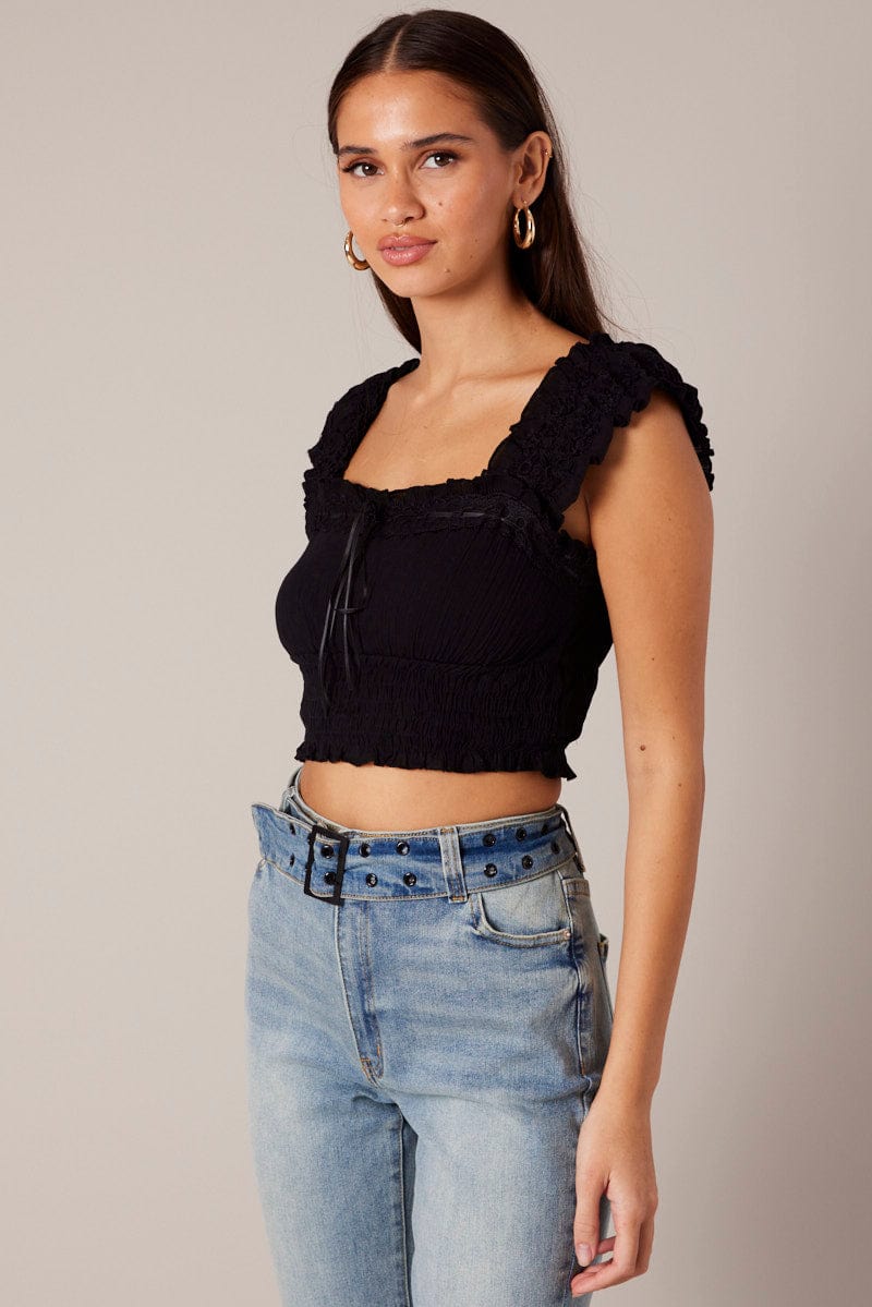 Black Crop Top Sleeveless Shirred Waist Satin Bow - Image 4