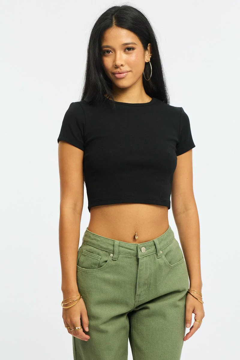 Black Cropped T-shirt Short Sleeve Crew Neck