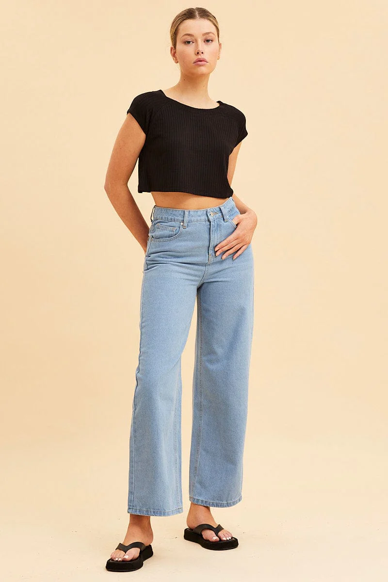 Black Cropped T-Shirt Wide Rib Crew Neck Short Sleeve - Image 2