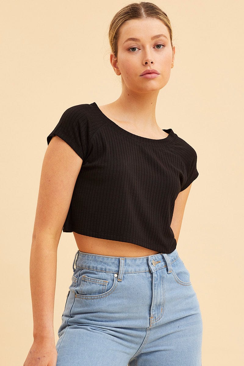 Black Cropped T-Shirt Wide Rib Crew Neck Short Sleeve - Image 3