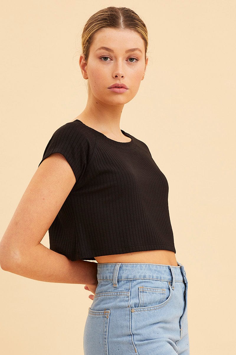 Black Cropped T-Shirt Wide Rib Crew Neck Short Sleeve - Image 4