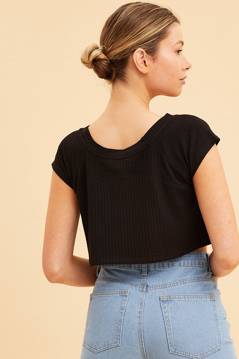 Black Cropped T-Shirt Wide Rib Crew Neck Short Sleeve - Image 5